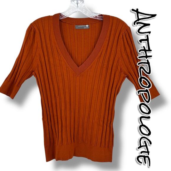 Anthropologie Lightweight Cable Knit Sweater Blouse Orange 3/4 Sleeve Womens S - Picture 1 of 12